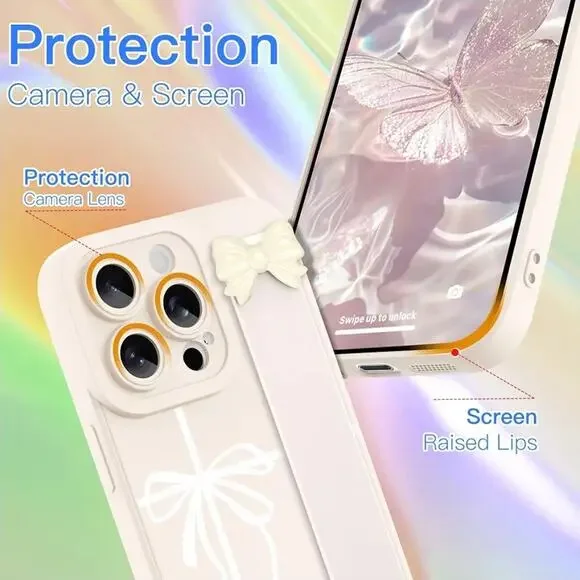 SOKAD Ribbon Bow Phone Case for iPhone 15 Pro Max with Wrist Strap Kickstand S16 - Picture 3 of 8